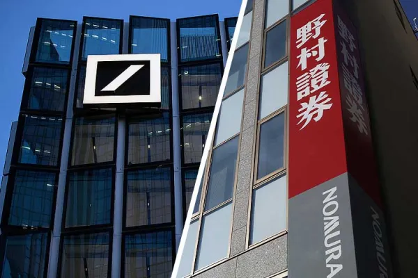 A new Deutsche Bank AG office building in Frankfurt, Germany (left) and a Nomura Holdings Inc. branch in Tokyo, Japan. (Deutsche: Krisztian Bocsi/Bloomberg) (Nomura: Yuriko Nakao/Bloomberg).