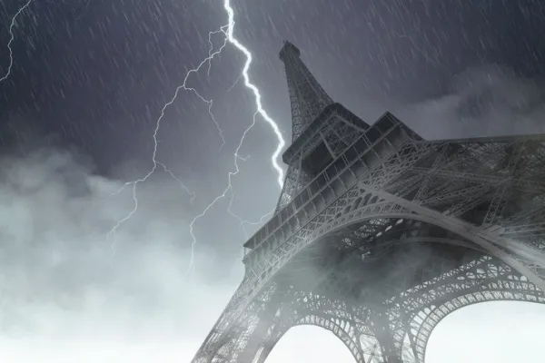Eiffel tower during the heavy storm, rain and lighting in Paris, creative picture