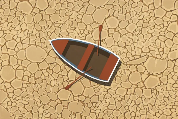Abandoned rowboat stranded on dry, cracked land