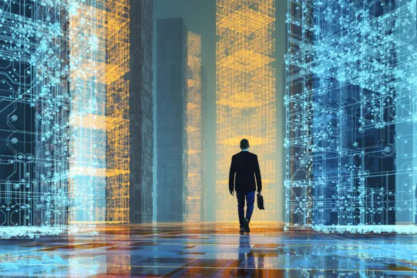 Businessman walking in futuristic VR environment