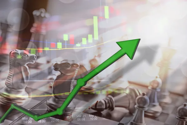Stock market capital gains and money earned from investing.  Upswing concept with money in hand for USD rising and financial firms earning millions.