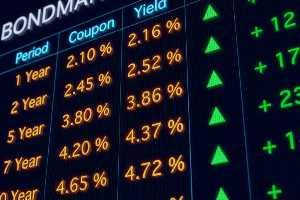 Bond market screen with rising yields and interest rates.