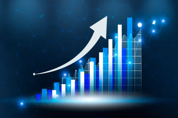 Graphical Growth Trend with Futuristic Design. Financial Success Bar Chart with Rising Arrow. Digital Business Growth Visualization. Modern Economic Chart Illustration. Blue Themed Rising Data Bars