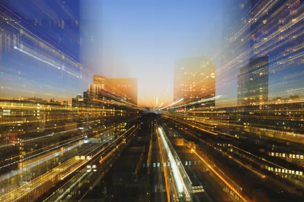 USA, Massachusetts, Boston, Financial District, Composite image of illuminated financial district at dusk