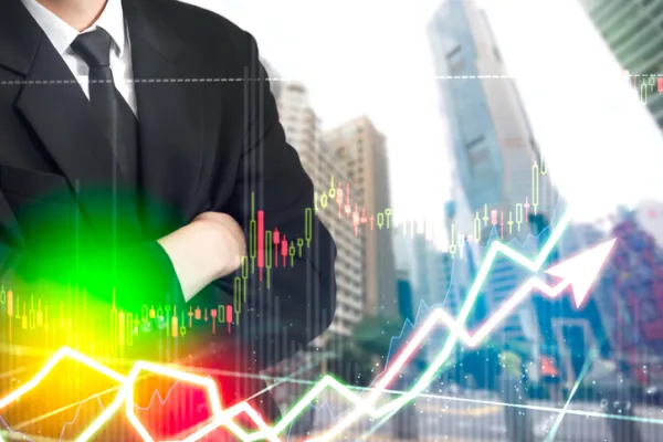 Stock market digital graph chart on LED display concept. A large display of daily stock market price and quotation. Indicator financial forex trade education background.