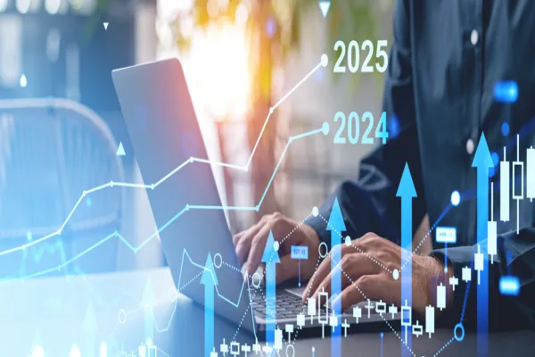 Hands typing on a laptop with overlay of financial graphs and charts, in a modern office setting, concept of business growth and future forecast