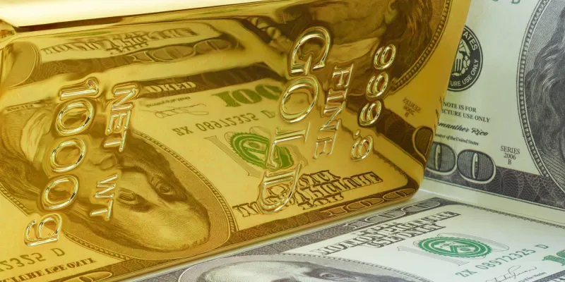 Yellow Gold Ingot Bar with U.S. Currency