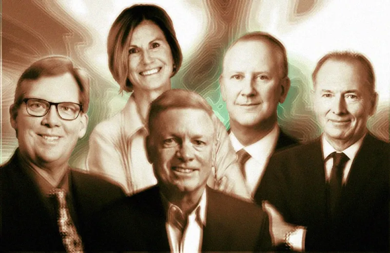 Clockwise from left: Kevin Sayer, Mary Powell, Peter Zaffino, James Gorman, Alfred Kelly Jr. (Courtesy photos)