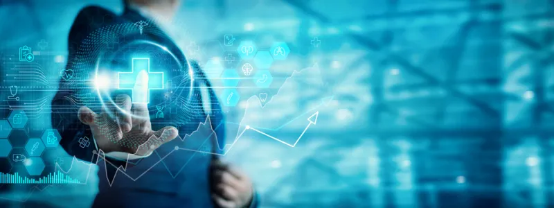 Businessman touch healthcare business network search for medical business service and health insurance. Digital healthcare technology support people health monitoring and global treatment business.