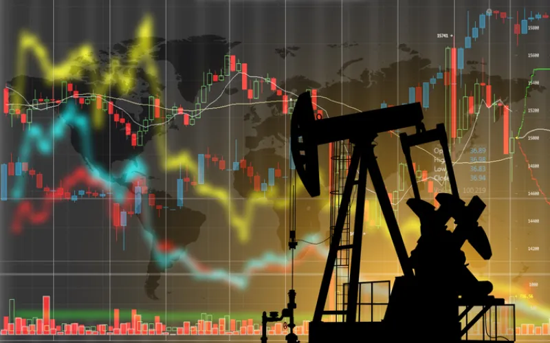 Oil pump on the background of stock charts. Changes in world oil prices