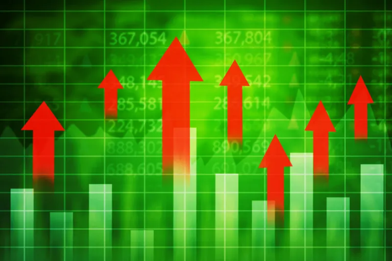 Red upward arrows with currency exchange rate