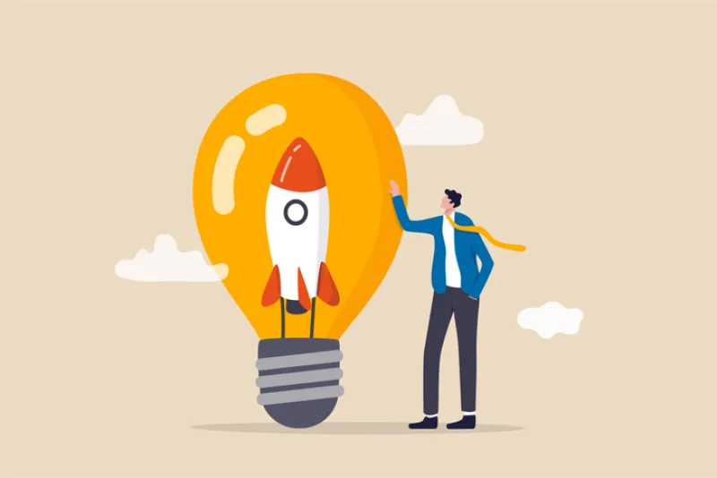 Entrepreneurship, setting up new business, motivation to create new business idea and make it success concept, businessman start up company owner standing with innovative rocket inside lightbulb idea.