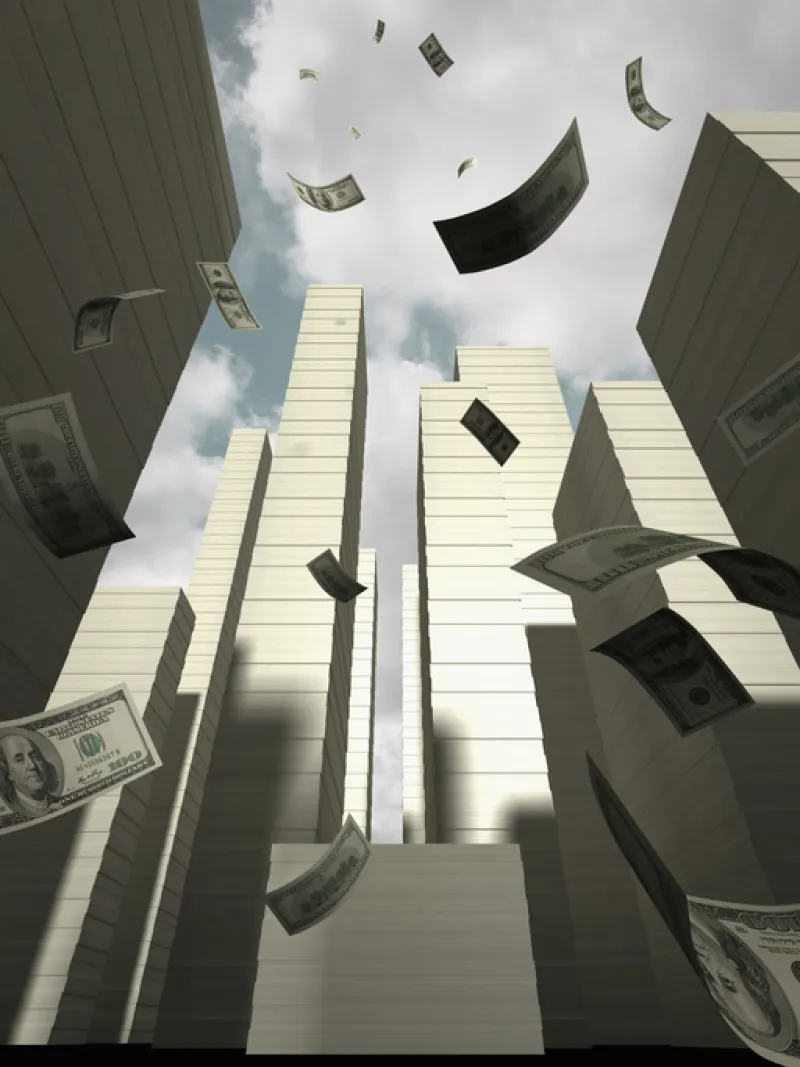 Bank note falling on the bank note city