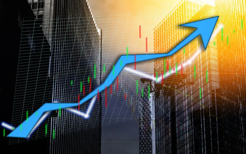 Composing with business building and stock chart on background (blue bull chart)