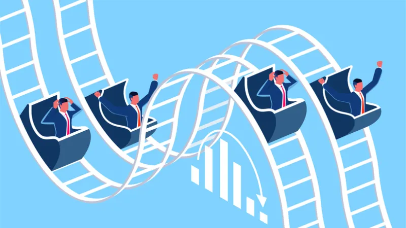 Marketing price fluctuations, stock market price fluctuations, investment money and losses, unstable financial markets, isometric businessmen riding a roller coaster of ups and downs